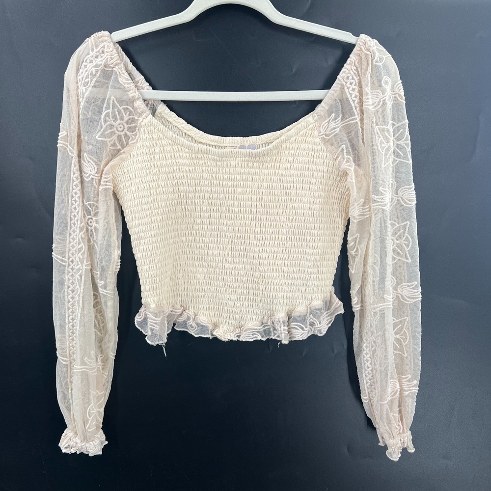 Smocked crop top lace embroidered balloon sleeve ivory boho fairycore coquette L